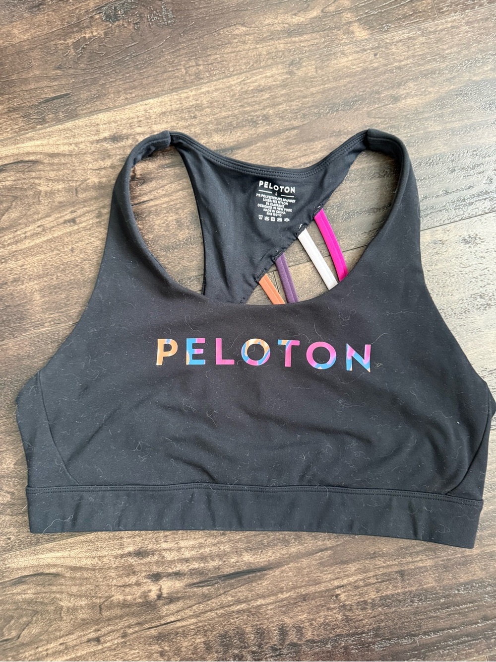 Peloton Black Strappy Sports Bra Rainbow Logo Racerback Size L